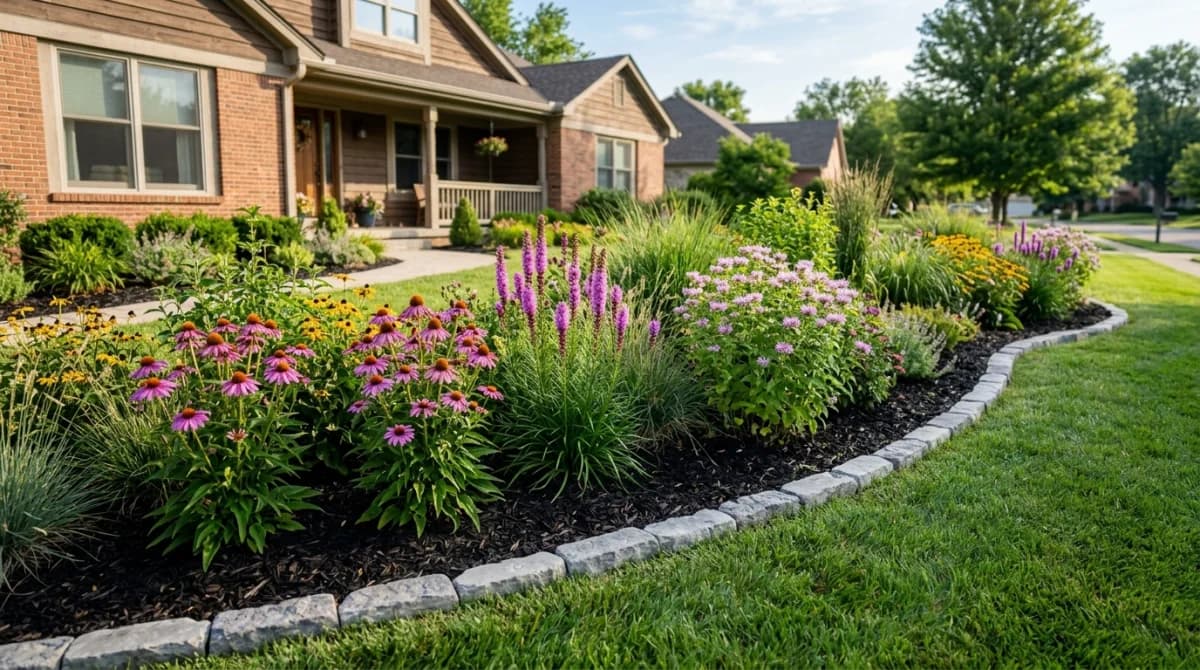 Native plant garden with clean mulched edges looking designed and intentional, not weedy