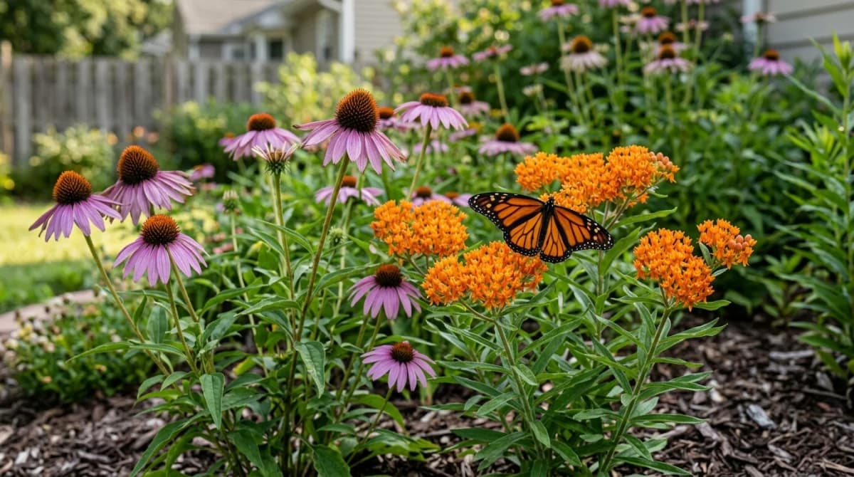 Purple coneflower and butterfly weed growing together in a home garden bed