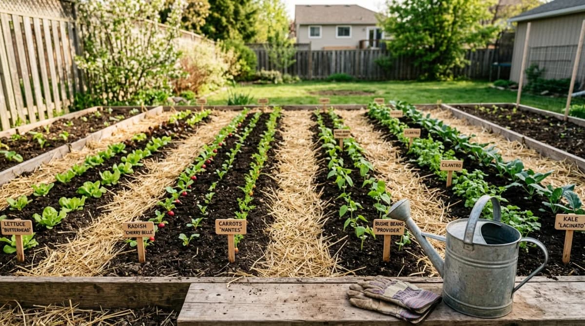 Vegetable garden layout showing organized rows with seedlings, plant markers, and straw mulch paths