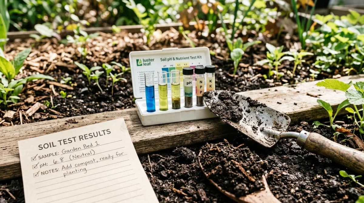Soil test being performed in a garden bed with testing kit and rich dark earth