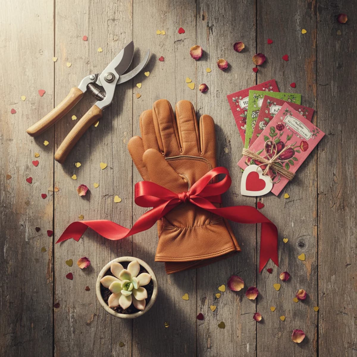 Beautiful arrangement of garden gifts including gloves, seeds, and garden tools on a wooden table