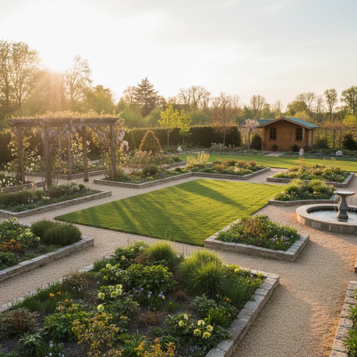 Beautiful aerial view of a thoughtfully designed residential garden with defined planting beds and paths