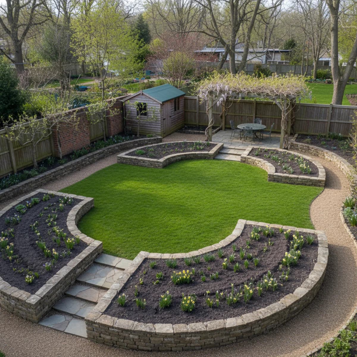 Birds-eye view of a beautifully designed residential garden in early spring with planting zones marked