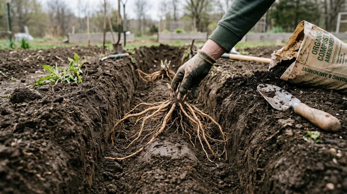Asparagus crowns being planted in a prepared trench in a spring garden