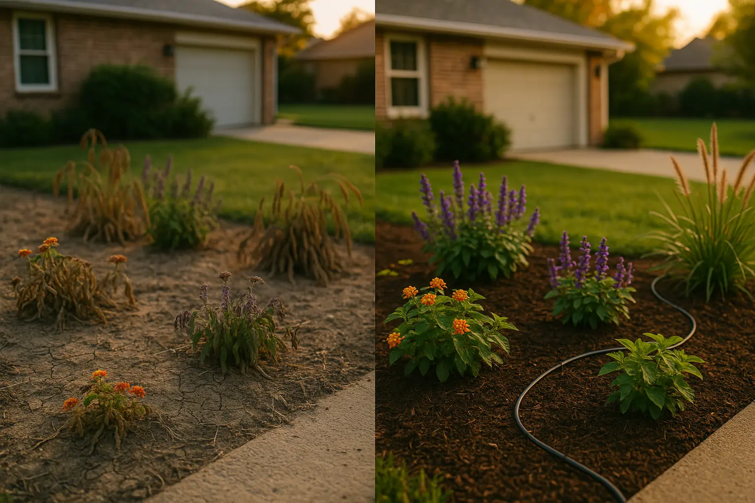 Reviving heat-stressed beds with deep watering, fresh mulch, and heat-tolerant color