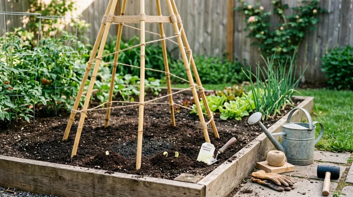 A six-pole bamboo bean tepee freshly assembled in a sunny vegetable bed, twine spiralling up the poles, with young pole-bean seedlings just emerging at the base of each pole and a galvanised watering can resting on the path beside it