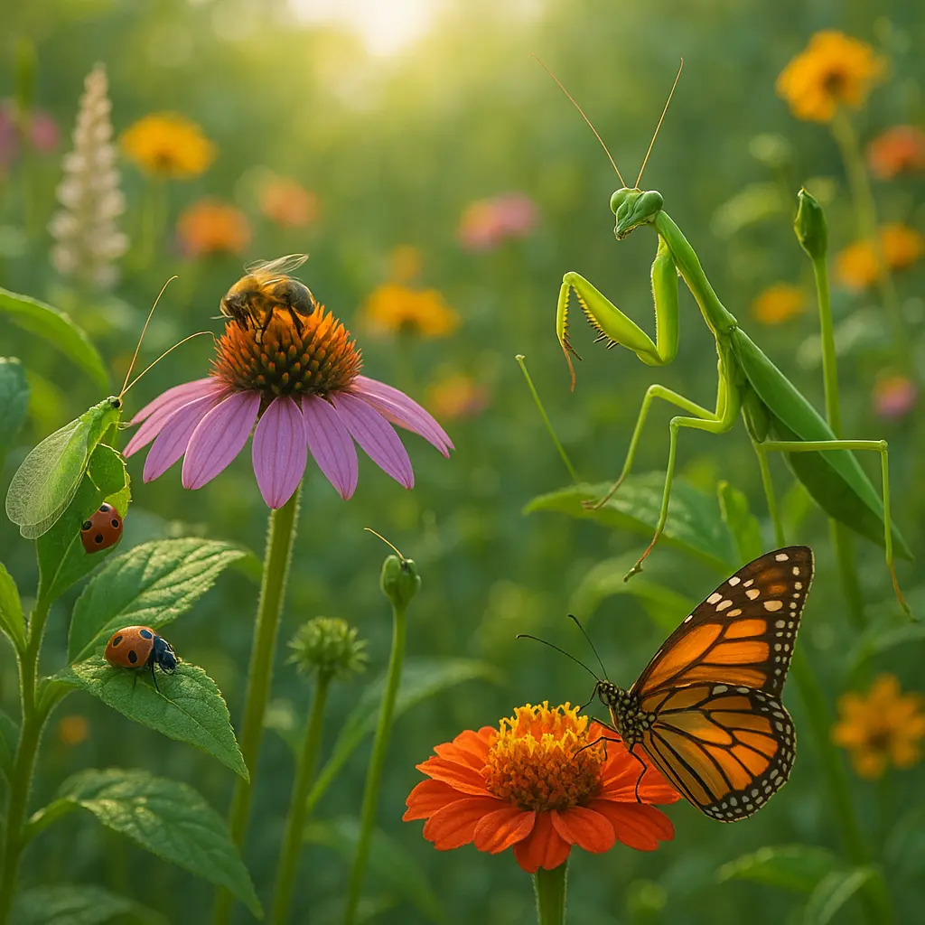 Close-up photos showing various beneficial insects including ladybugs, lacewings, and native bees in garden settings