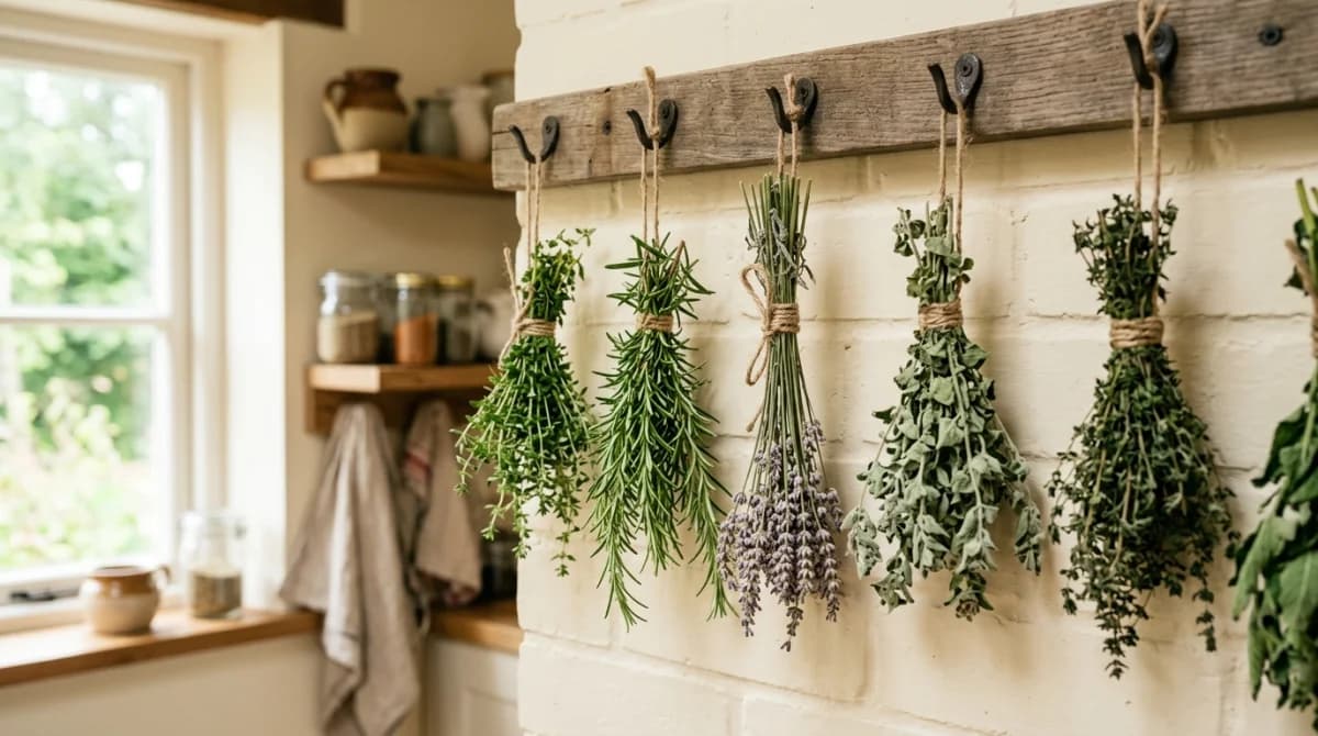 Dried herb bundles of thyme, rosemary, and oregano hanging from a kitchen rack