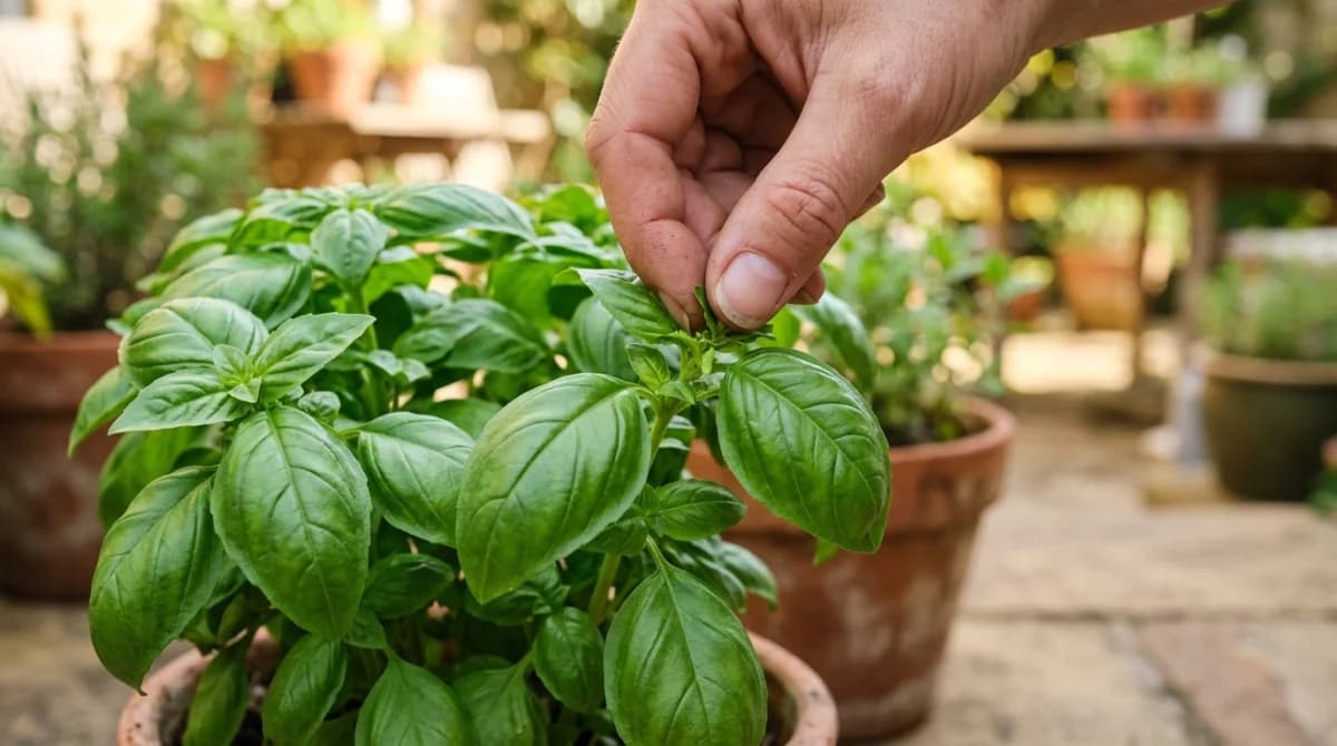 Hands pinching the top of a basil plant to encourage bushy growth