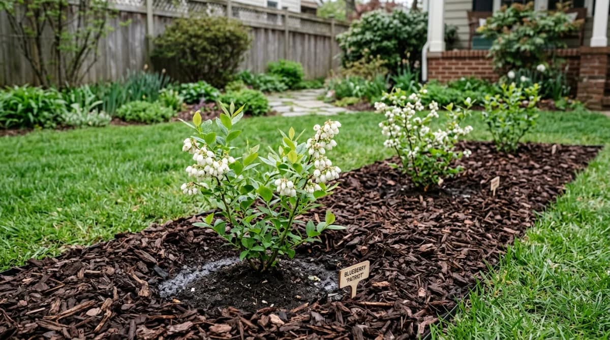 Young blueberry bushes planted in a garden bed with pine bark mulch