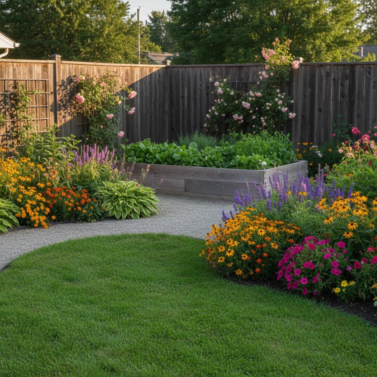 A beautifully transformed garden with lush planting beds, defined edges, and a clear path—achieved through thoughtful DIY work