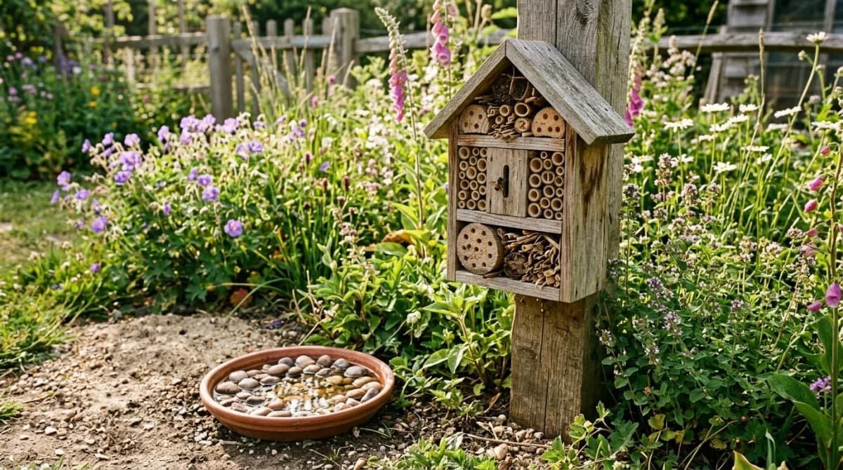 Bee hotel and shallow water dish with pebbles in a pollinator garden corner