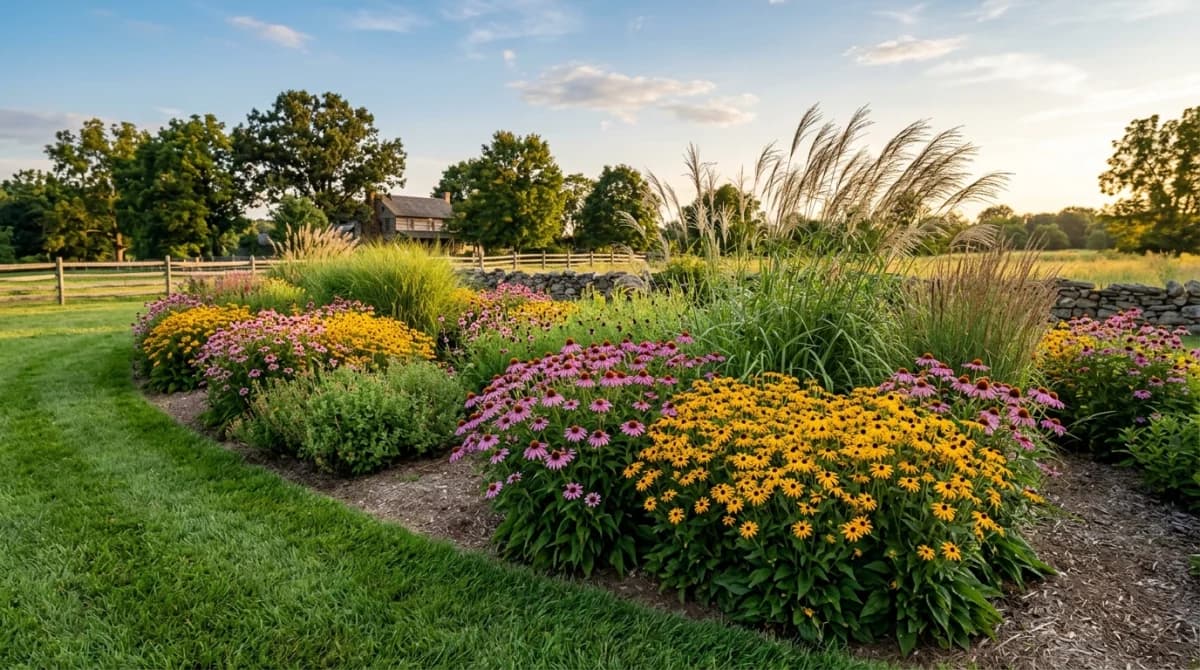 Native plant grouping with purple coneflowers, black-eyed Susans, and ornamental grasses in a garden bed
