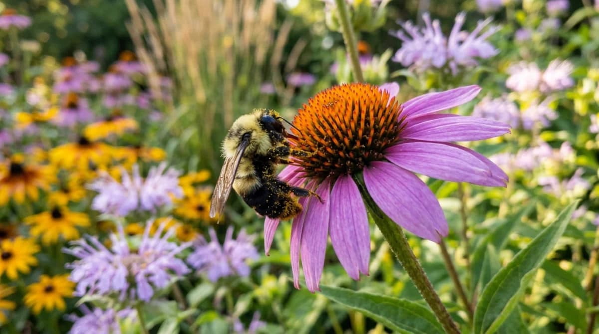 Bumblebee on native purple coneflower in a lush pollinator garden border