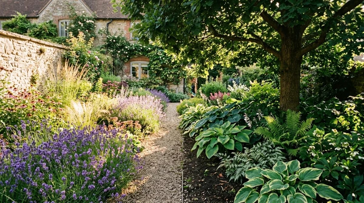 Diverse plants growing in different garden microclimates: sun lovers in open beds, shade plants under trees