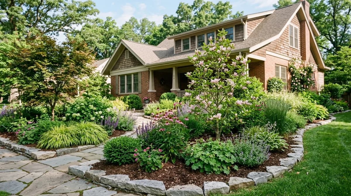 Diverse garden with zone-appropriate plants thriving in a residential landscape