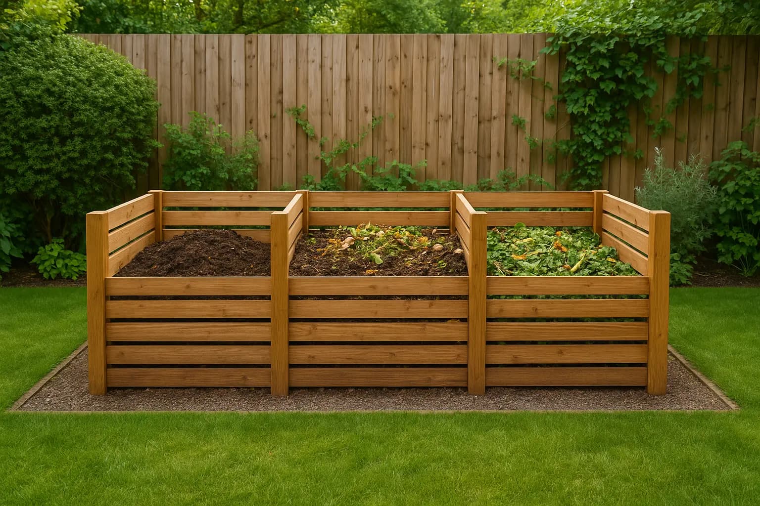 Well-organized three-bin compost system in a tidy backyard setting