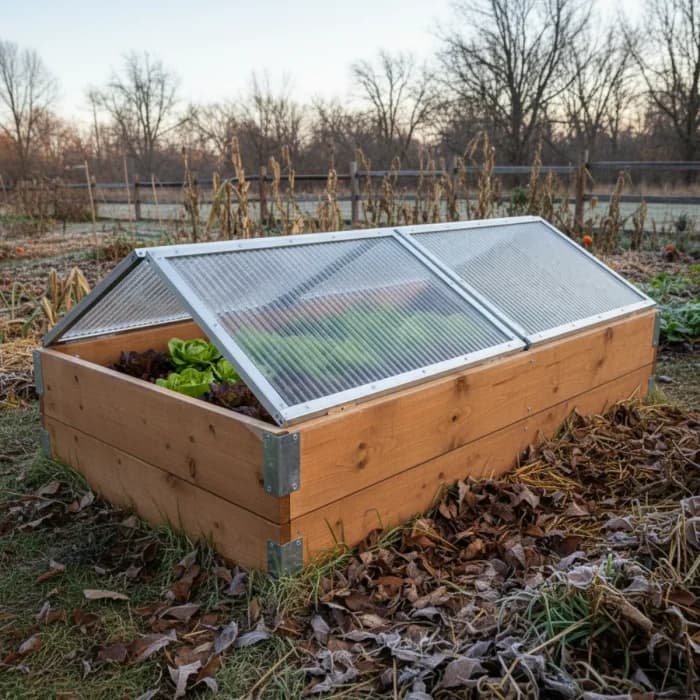 Wooden cold frame with glass lid protecting vegetables in garden