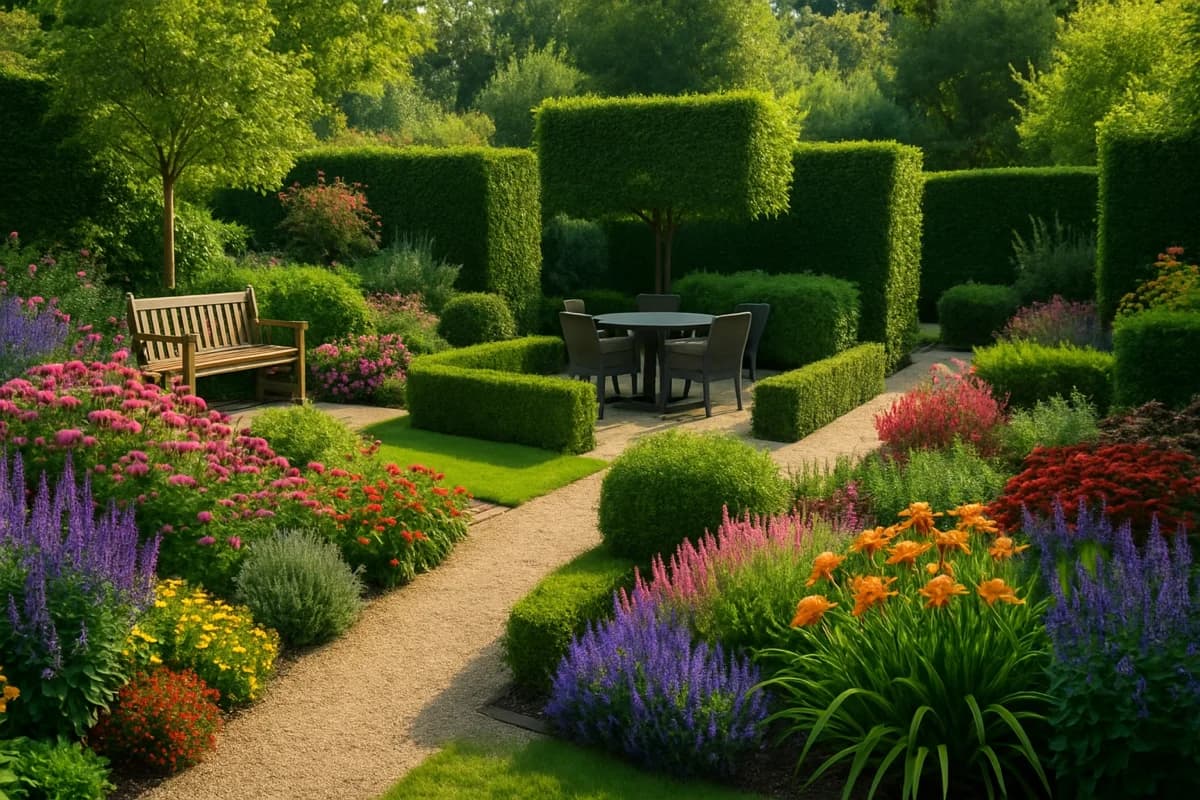 A beautifully designed garden with distinct outdoor rooms created using strategic plant placement