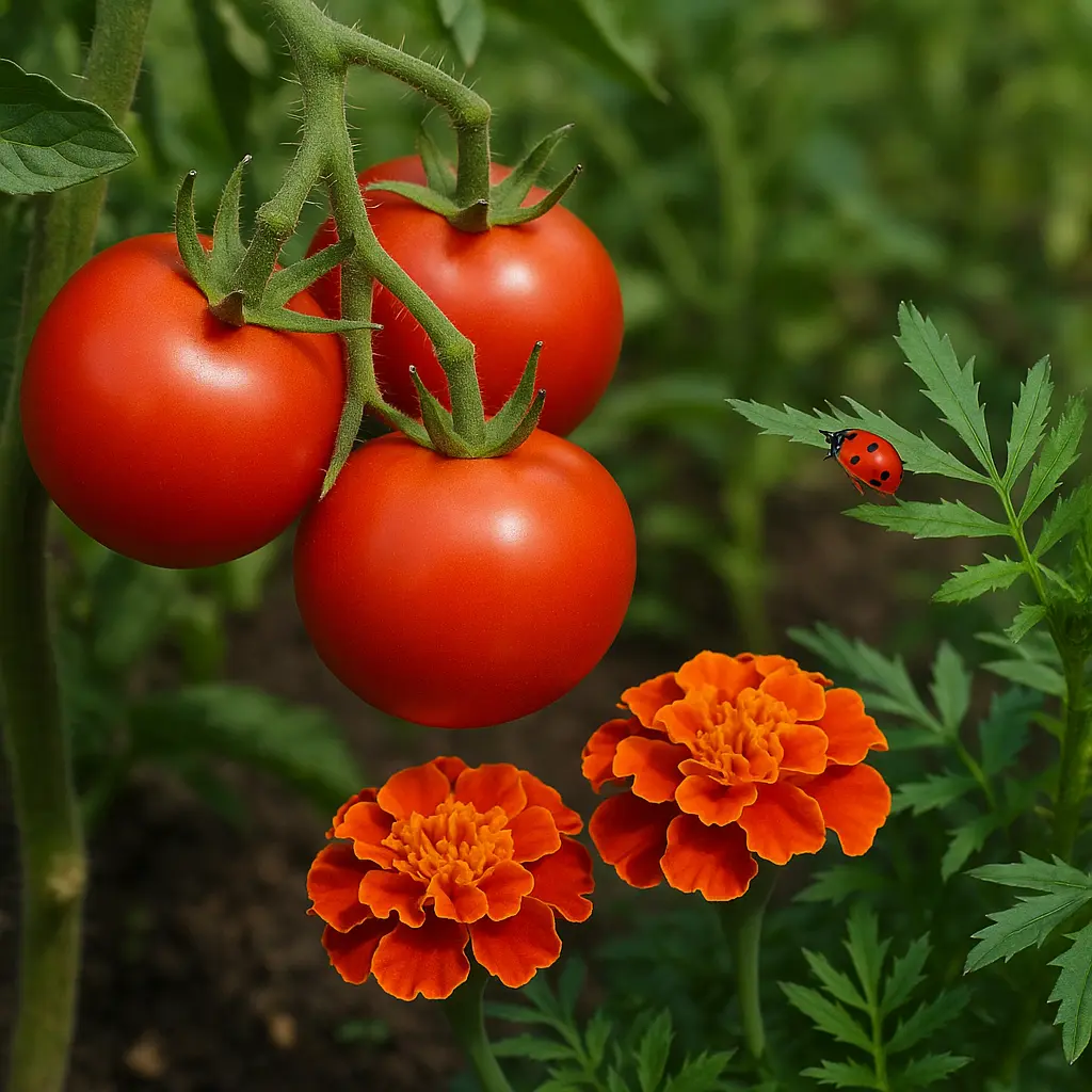 Diverse companion planted garden with tomatoes, basil, and marigolds growing together