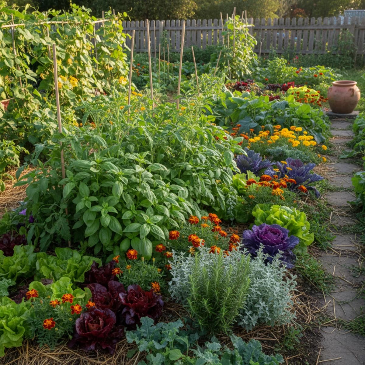 Colorful vegetable garden with interplanted herbs and flowers showing companion planting