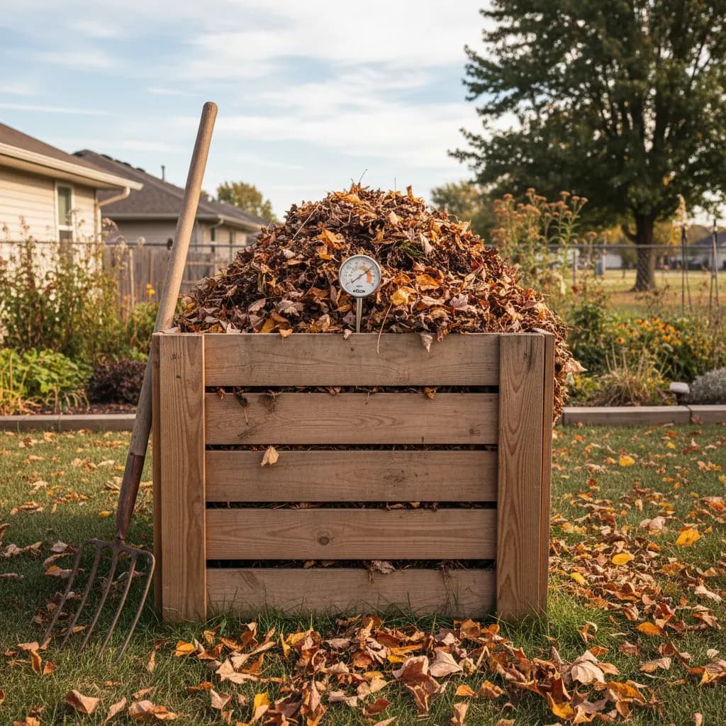 Backyard compost bin with shredded fall leaves, compost thermometer, pitchfork