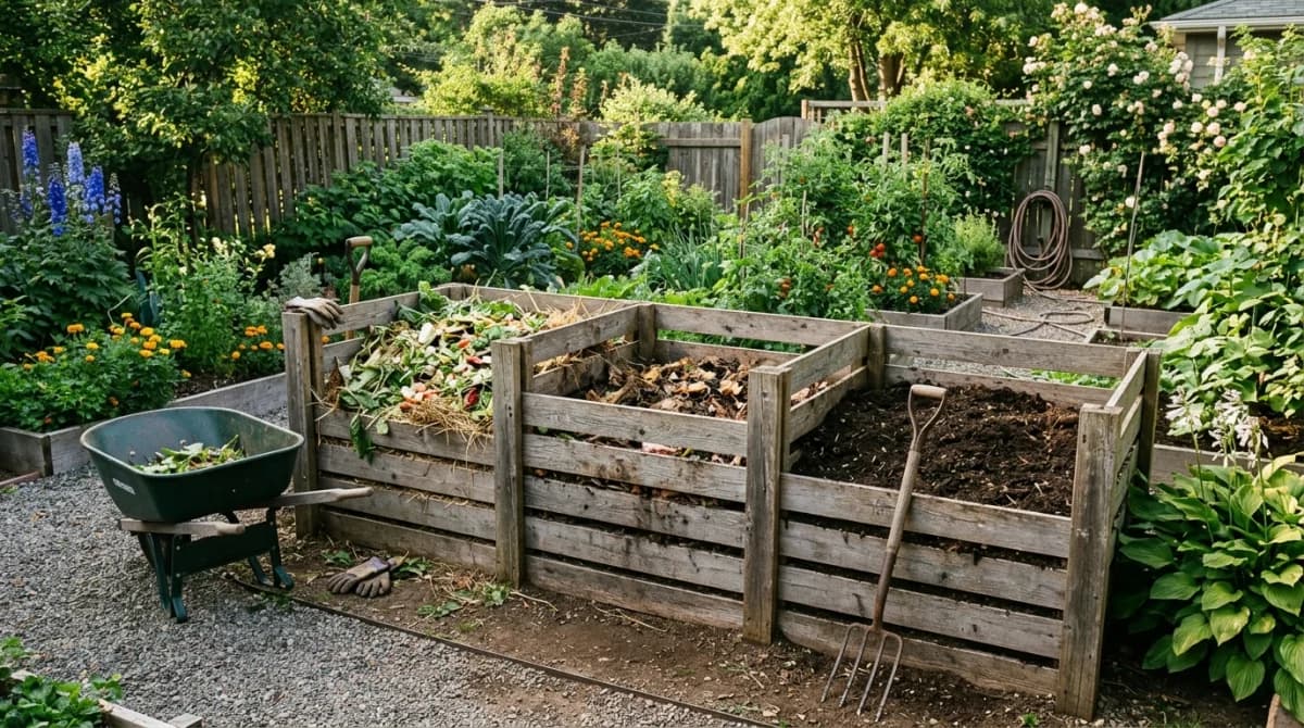 Three-bin wooden compost system showing material at different stages of decomposition