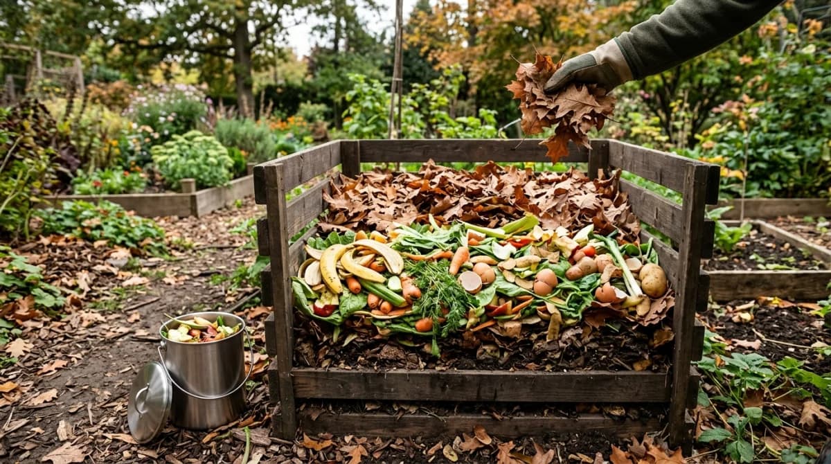 Layers of kitchen scraps and dried leaves being added to a compost pile in a backyard