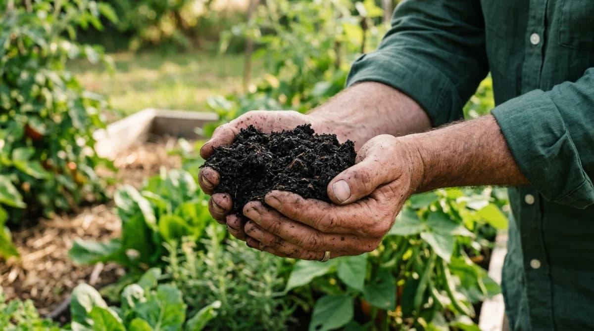 Rich finished compost being held in cupped hands over a garden bed