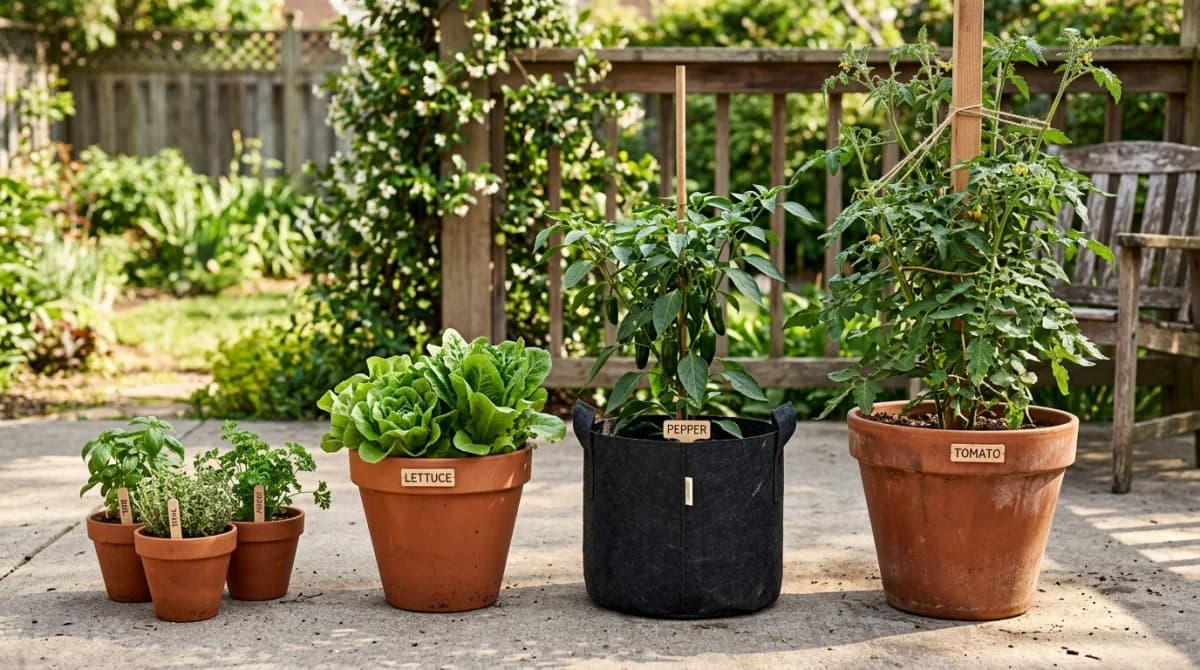 Container size comparison showing herbs in small pots, tomatoes in large pots, and lettuce in window boxes