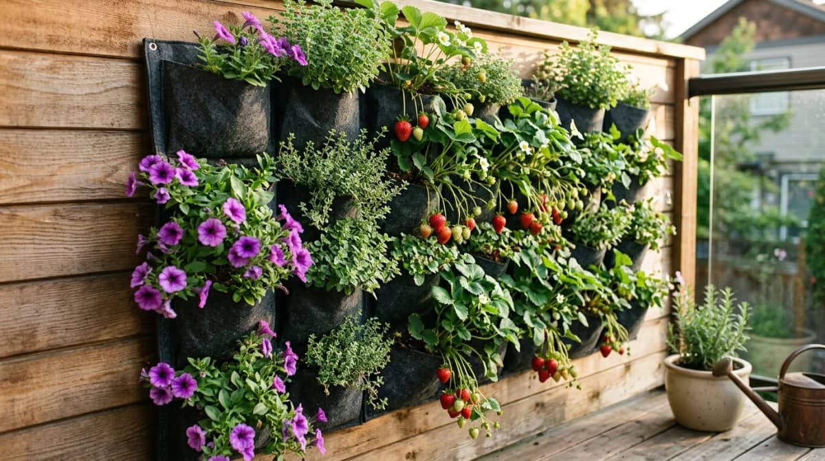 Vertical planter system on a balcony wall with herbs and trailing flowers