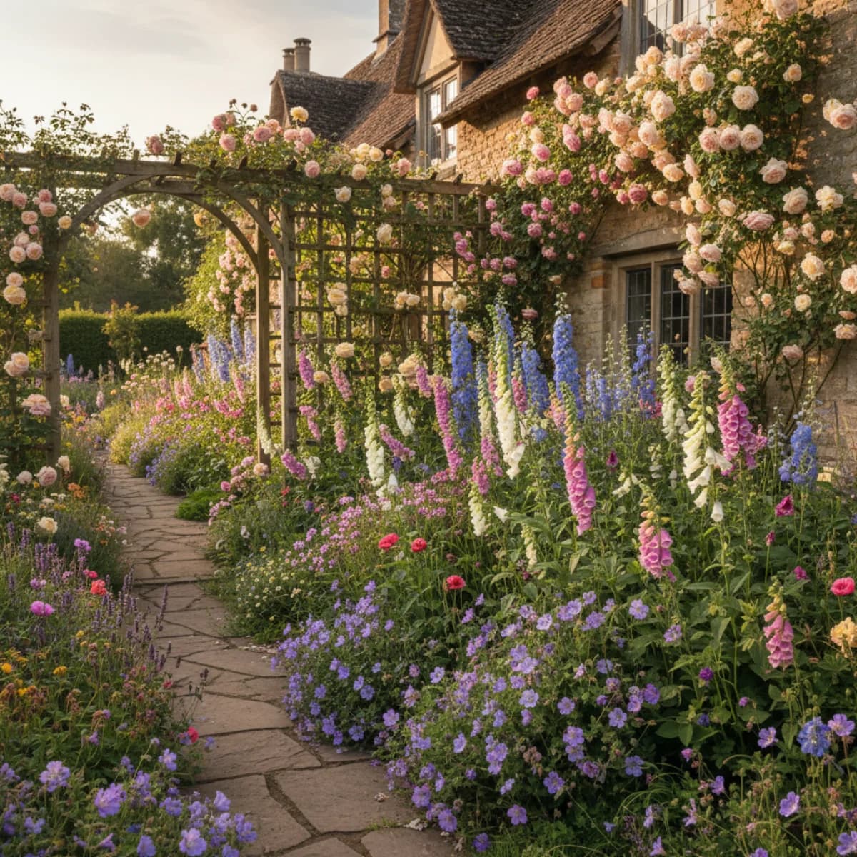 A lush cottage garden border in full summer bloom with roses, foxgloves, delphiniums, and hardy geraniums spilling onto a stone path