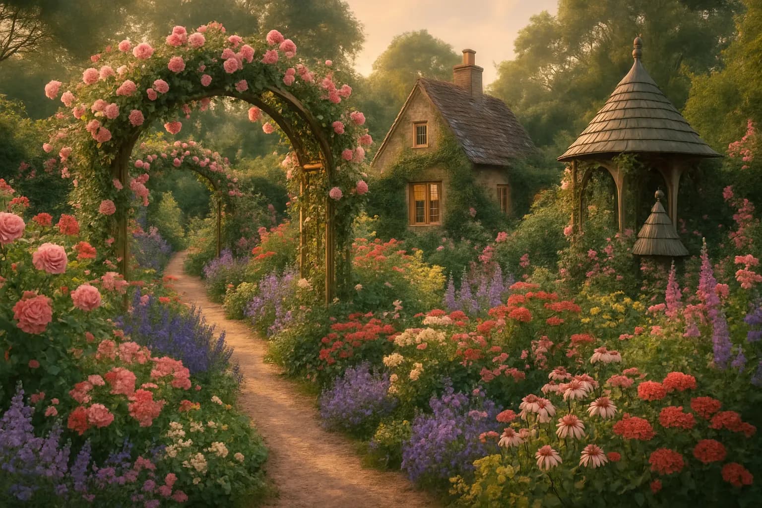 A beautiful cottage garden with mixed flowers, climbing roses, and informal pathways creating a romantic atmosphere