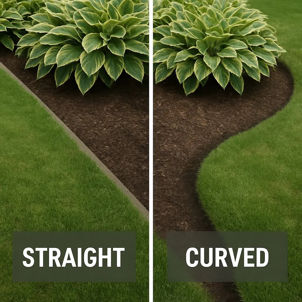 Suburban front entry before-and-after, new bed curve, simple shrubs, path lighting