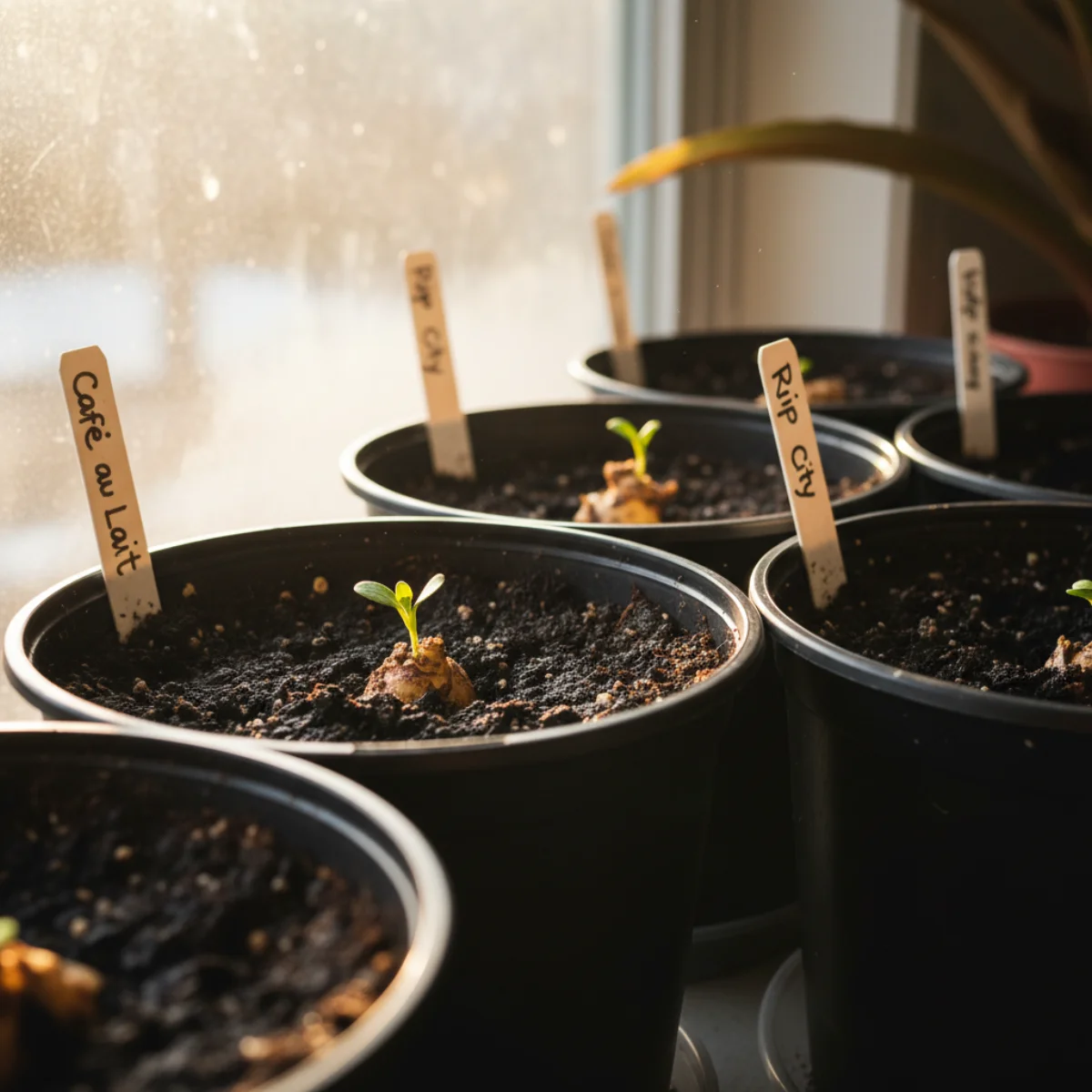 Dahlia tubers potted up in containers on a bright windowsill, just beginning to sprout