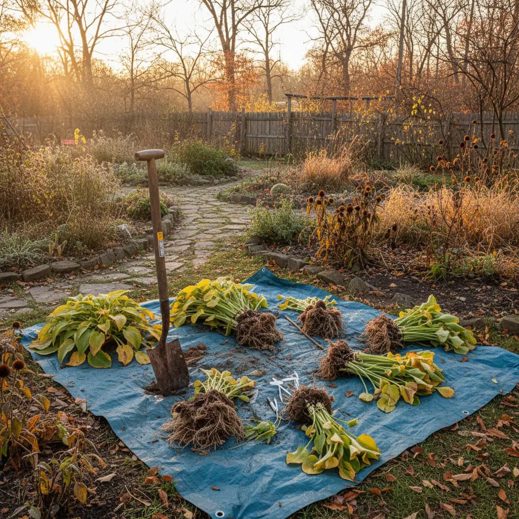 Garden scene with divided perennial clumps on tarp, spade and labels, fall light