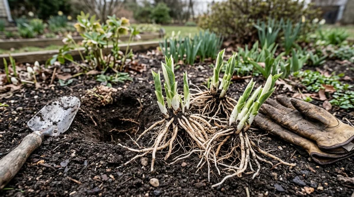 Freshly divided hosta clumps with exposed roots sitting on garden soil next to a spade