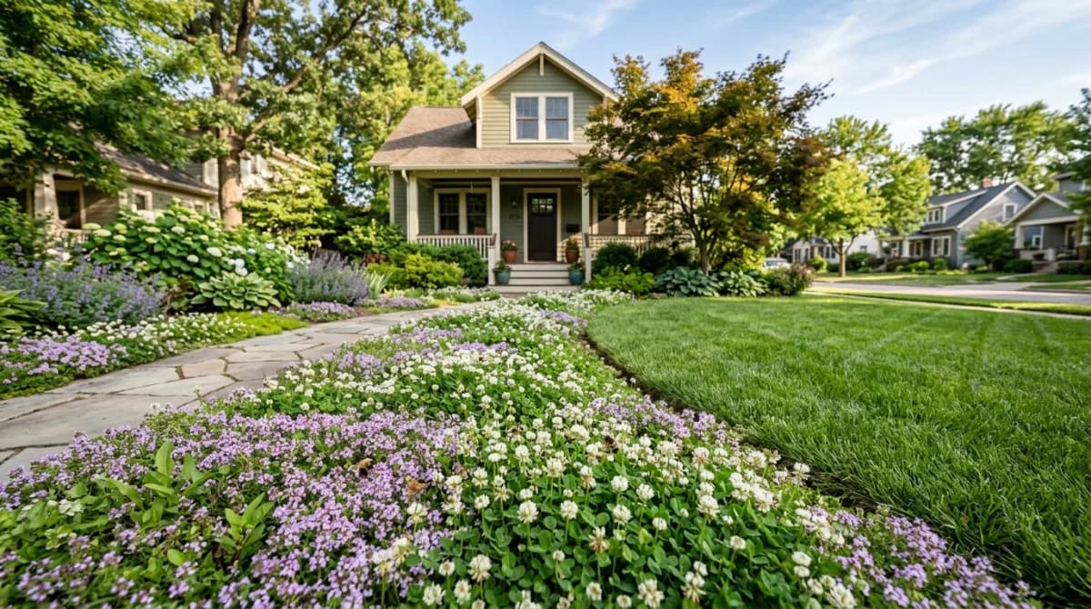 Patch of clover and native groundcover replacing a section of lawn in a residential yard
