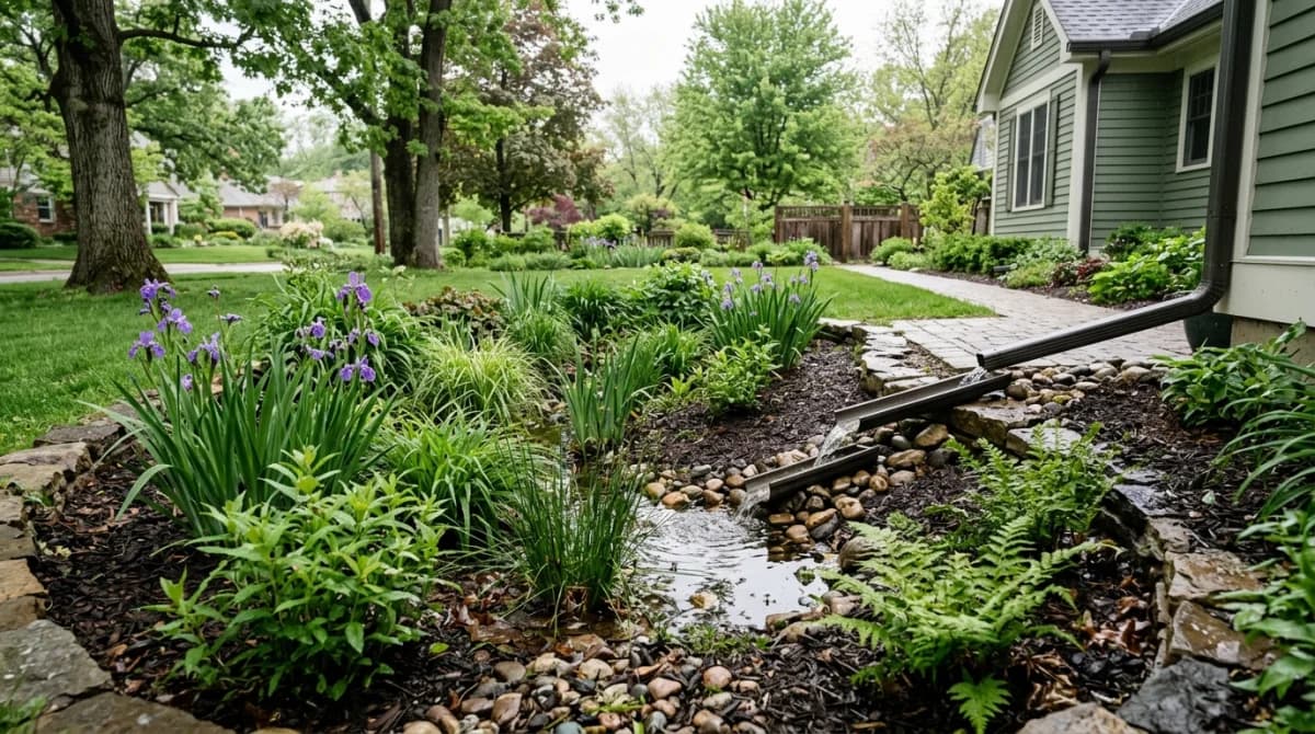 Shallow rain garden depression planted with native sedges and iris collecting rainwater