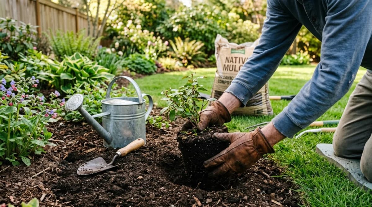 Hands planting a native shrub in a garden bed with a trowel and watering can nearby