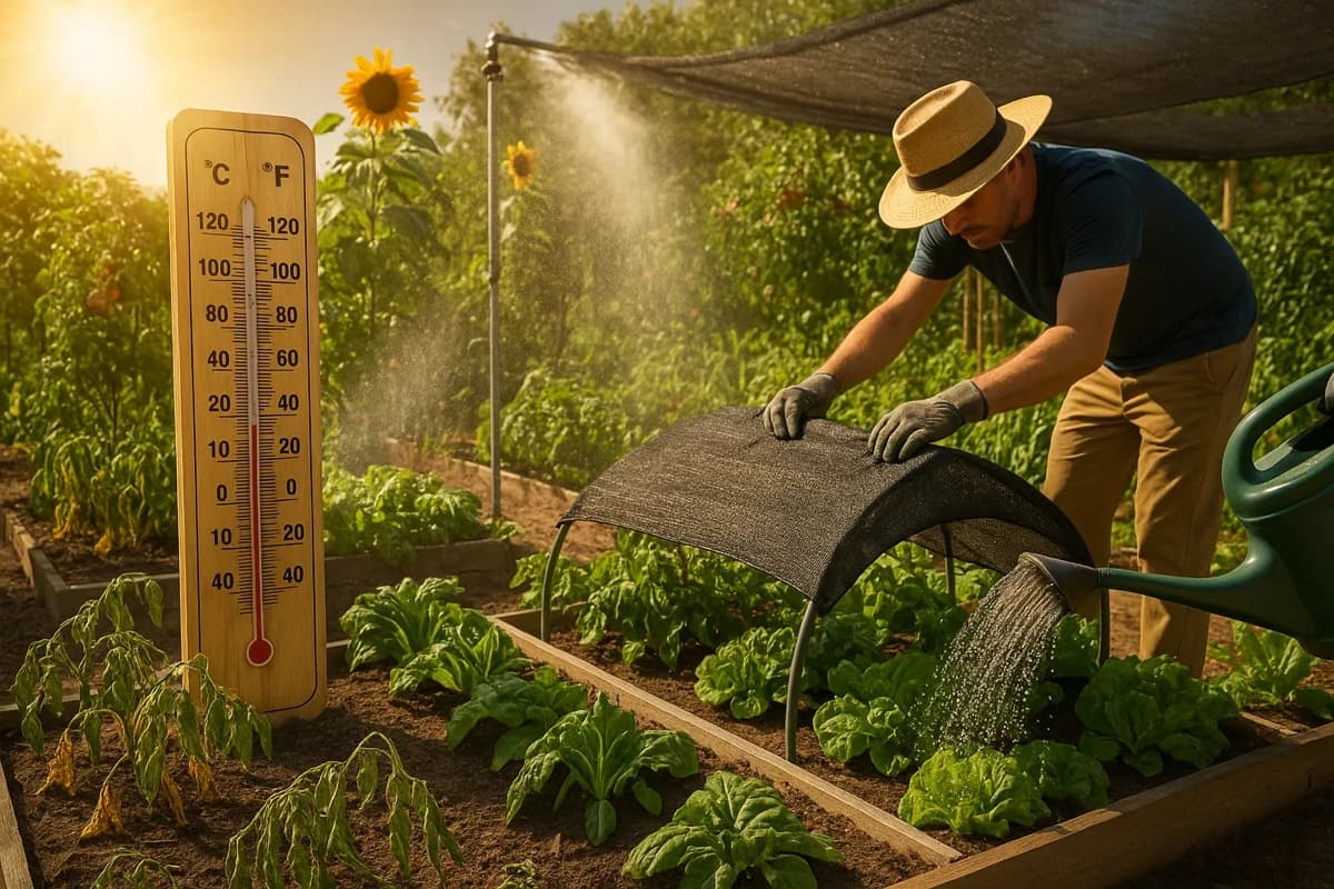 Garden plants protected with shade cloth and emergency watering systems during an extreme heat wave