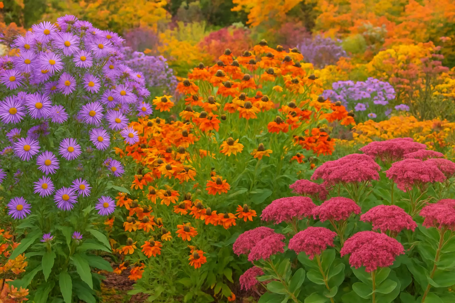 Colorful fall garden with asters, sneezeweed, and sedum in full bloom