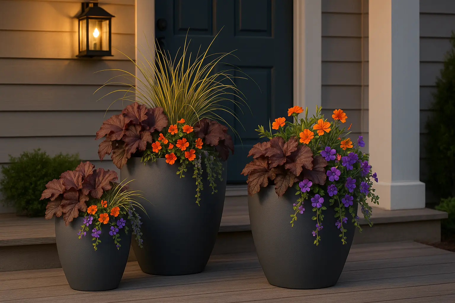 Three modern containers with heuchera, ornamental grasses, and trailing vinca on a front porch