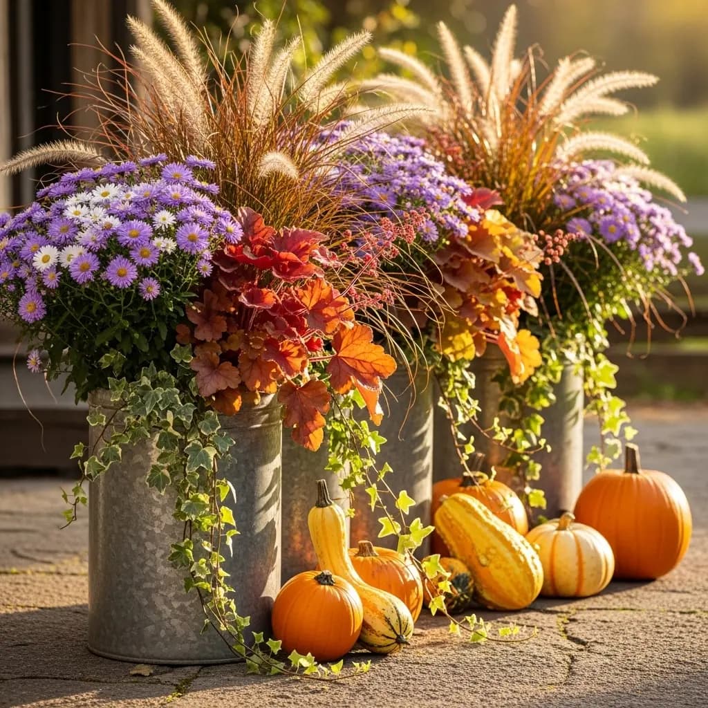 Row of stylish containers with grasses, heuchera, asters, trailing ivy, pumpkins nearby, golden-hour light