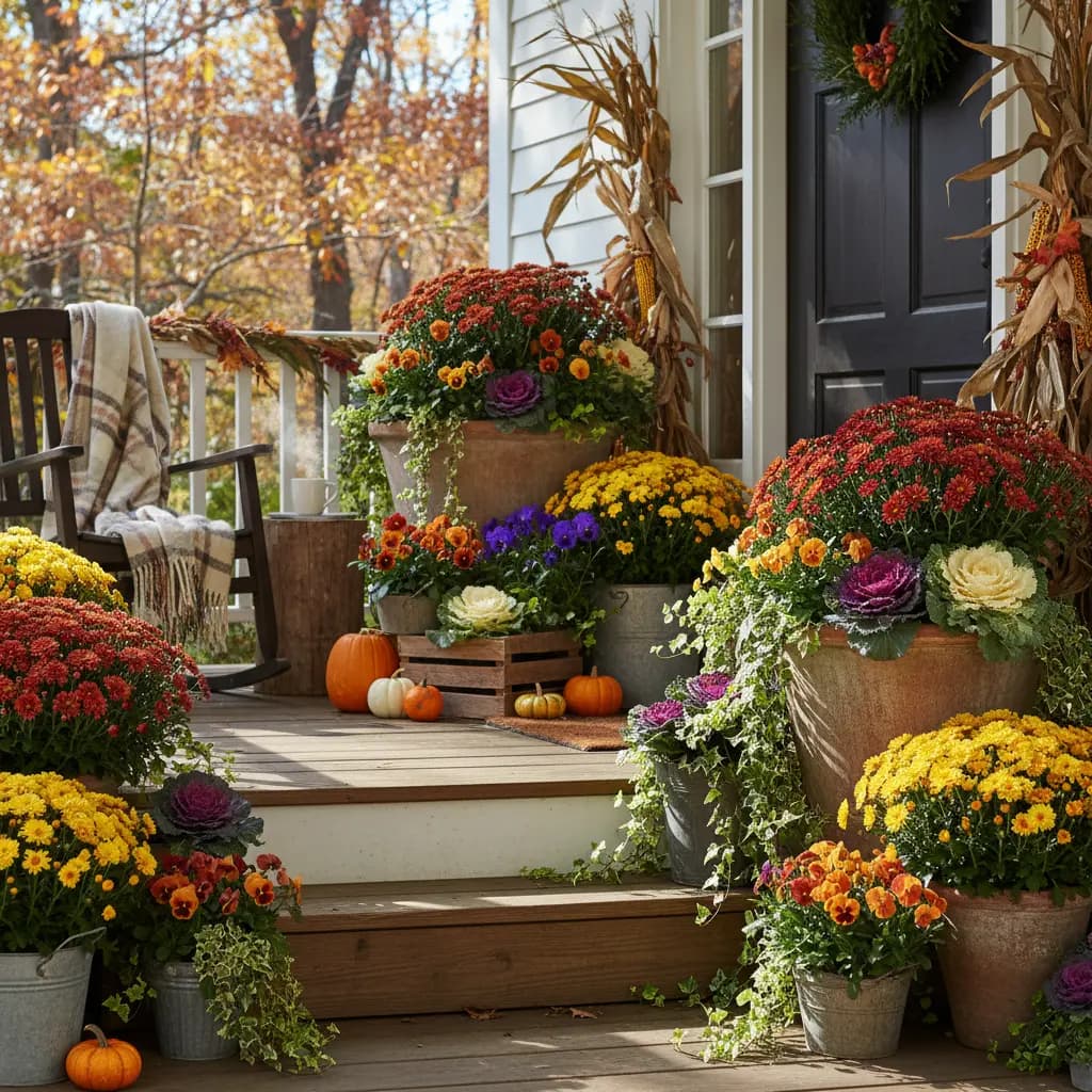 Front porch with colorful fall containers, mums, pansies, ornamental cabbage