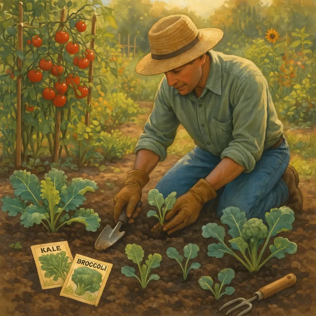 Split image showing summer garden transitioning to productive fall garden with cool-season crops