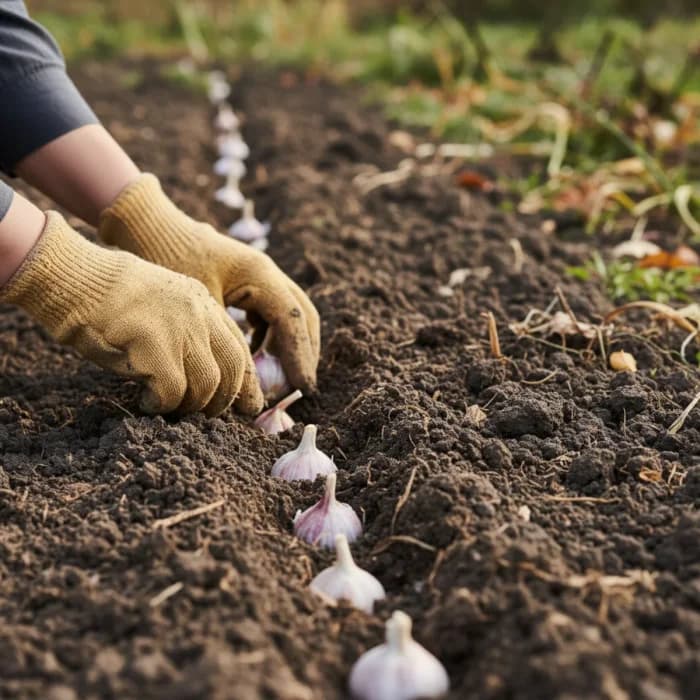 Planting garlic cloves in fall garden bed