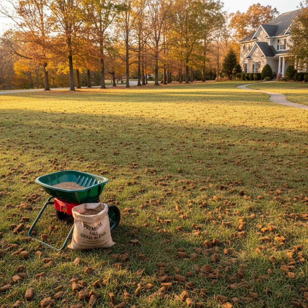 Residential lawn with aeration plugs visible, drop spreader, seed bag, autumn trees