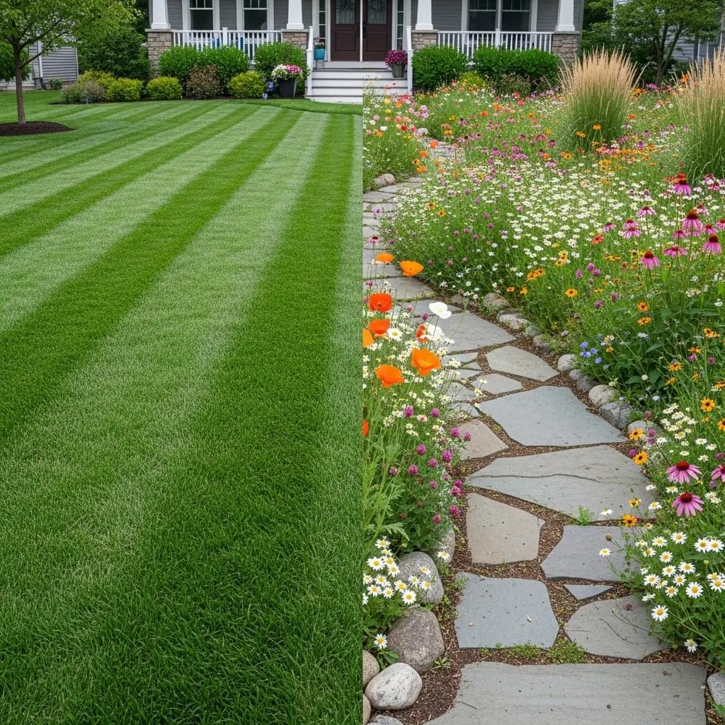 Side-by-side front yard, half overseeded turf, half flowering low-mow meadow with path