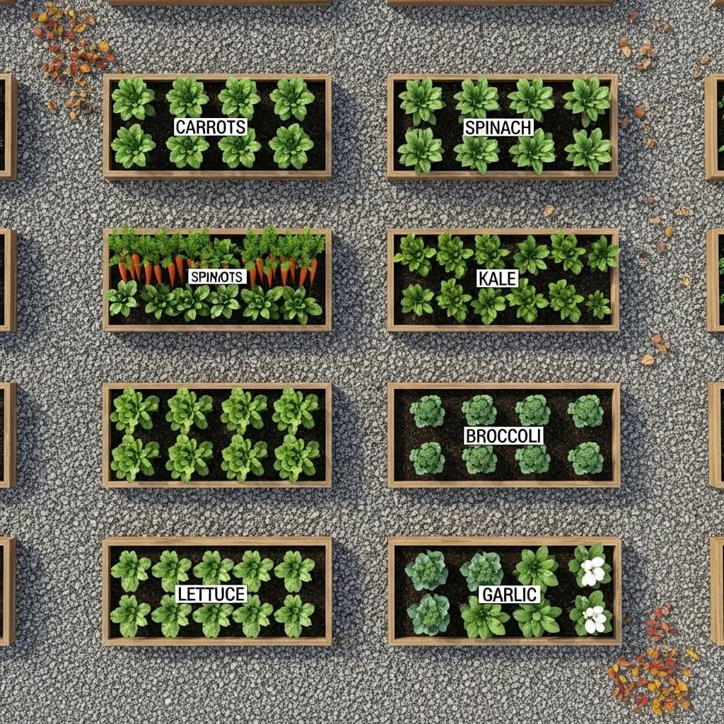 Overhead garden plan view of raised beds labeled with fall crops, clean lines, realistic 3D render aesthetic